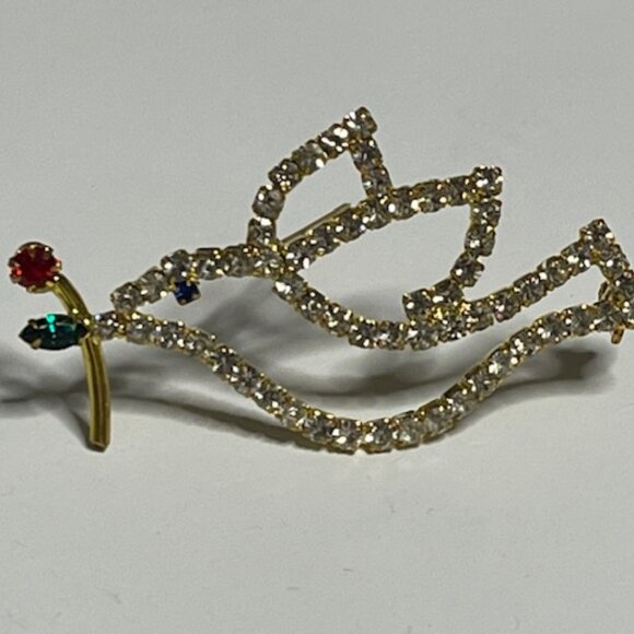 VTG Rhinestone Crystals Christmas Peace Dove Red Rose Brooch Pin 2.25" - Picture 2 of 14